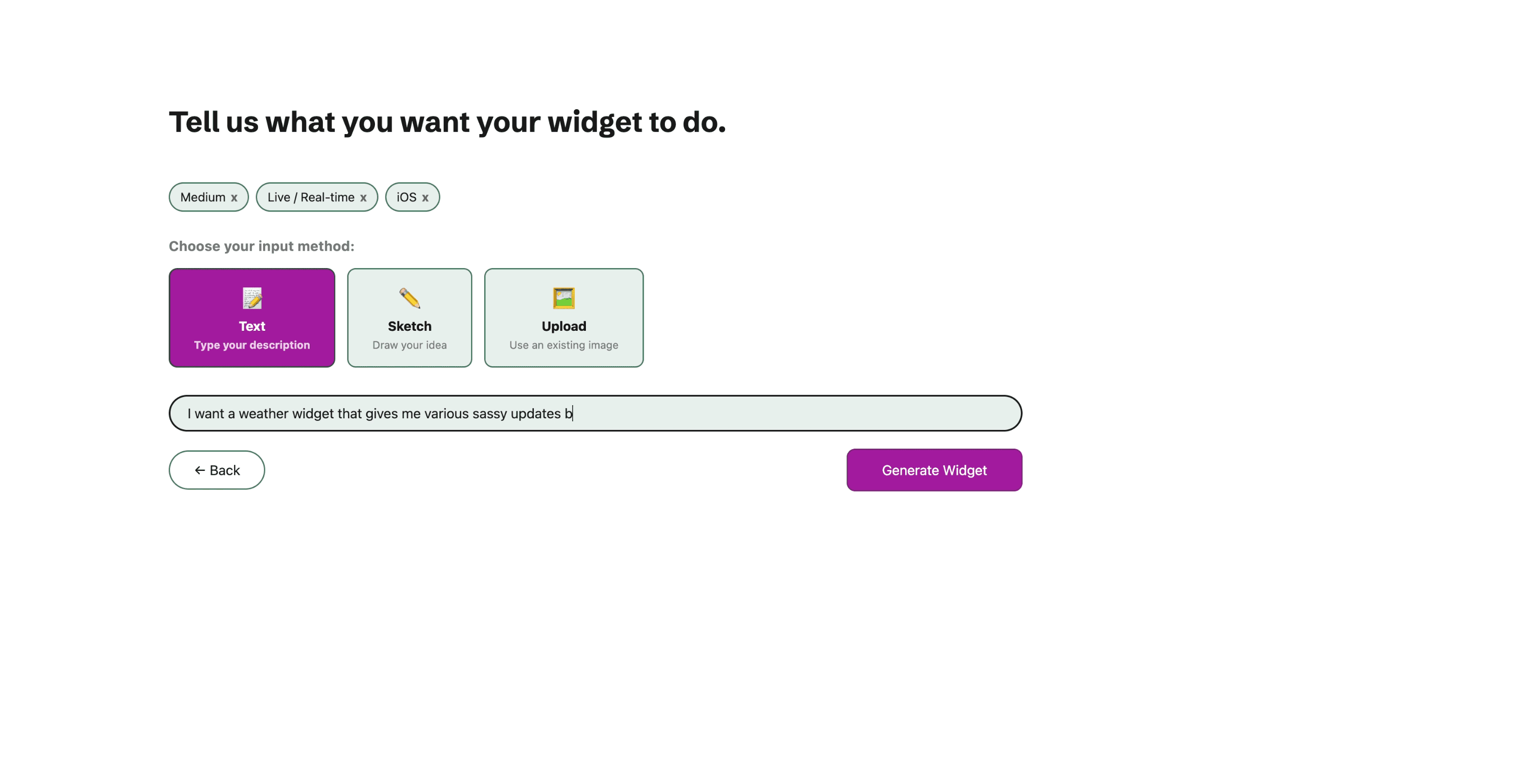 The Collaborate screen — text, sketch, and upload input modes