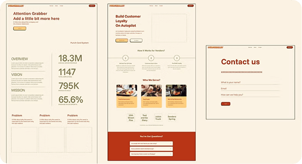 High-fidelity homepage and contact page mockups