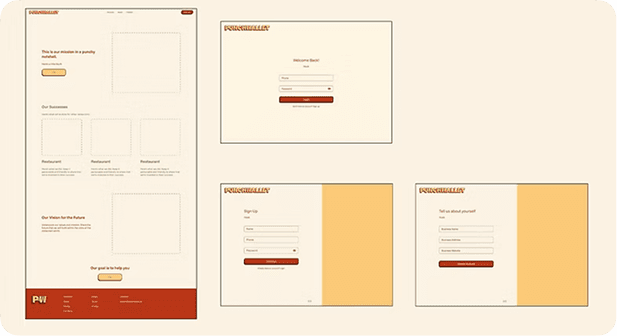 High-fidelity mission, login, and sign-up page mockups